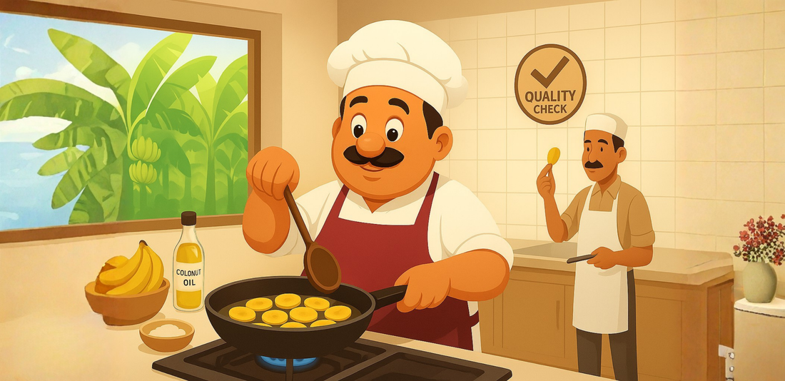 Traditional banana chips fried in groundnut oil for fresh taste