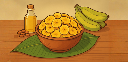Golden Nendran banana chips served on a banana leaf with raw Nendran bananas, a traditional South Indian snack