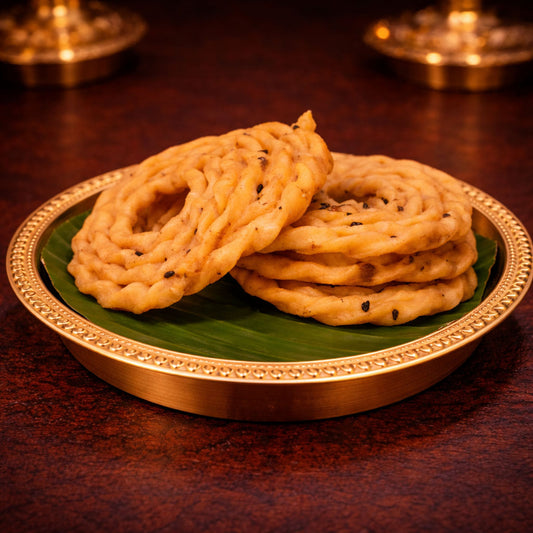 Crispy homemade murukku, a golden South Indian snack with a crunchy texture.