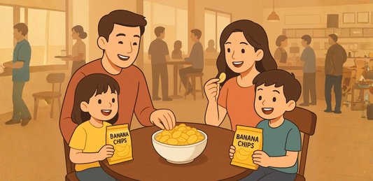 Family enjoying crispy banana chips, a healthy snack for all ages
